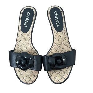 CHANEL Black Sandals with Floral Accent